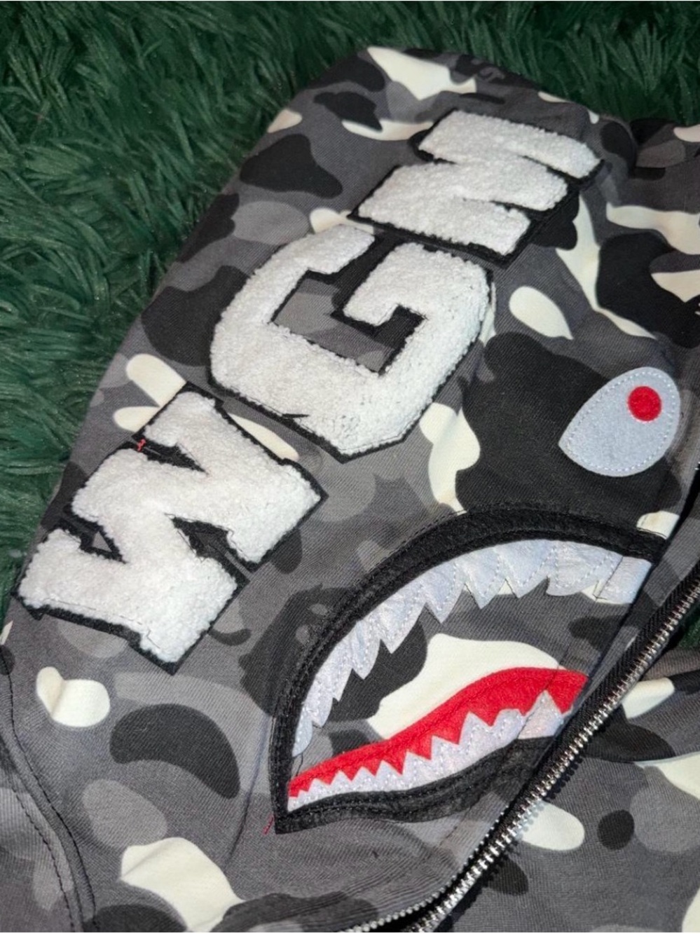 Mens Gray Camo Shark Zip Hoodie with White Lettering